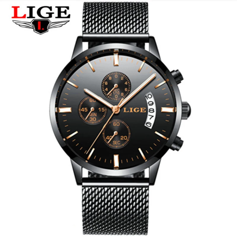 

New LIGE Mens Watches Top Brand Luxury Fashion Mesh belt Stainless Steel Quartz Watch For Men Sport Clock Male Relogio Masculino