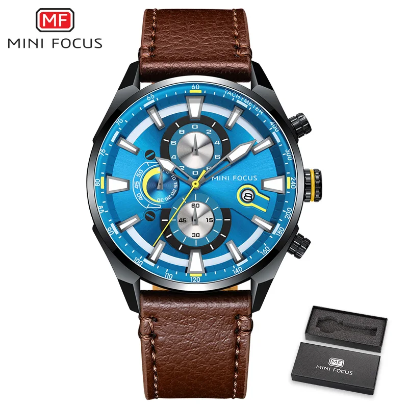 Brown Blue with box Relogio Masculino MINIFOCUS мужские часы для роскошного бренда спортивные кварцевые часы повседневные водонепроницаемые часы мужские наручные часы с хронографом - Цвет: Brown Blue with box