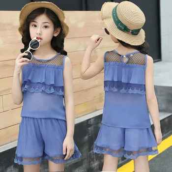

Summer Girls Outfits 2020 Kids Clothing Set Baby Girl Sleeveless Princess Children Clothing Sets Lace Blouses Shirts + Shorts 12