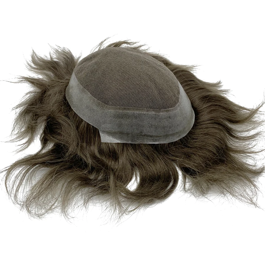 남성용 Toupee 미들 스위스 레이스 가발, 실제 자연모, 인도 인모, Toupee 교체 시스템, 가발 보형물