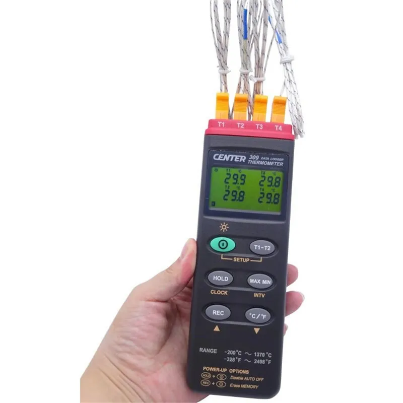 

CENTER-309 Digital K Type Industrial Thermocouple Thermometer, 4 Inputs, 16000 Records Datalogger, Resolution 0.1C; 0.1oF