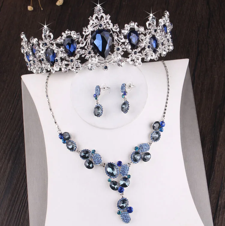 

Baroque Luxury Blue Crystal Flowers Bridal Jewelry Sets Statement Necklace Earrings Tiaras Set African Beads Jewelry Set Bijoux