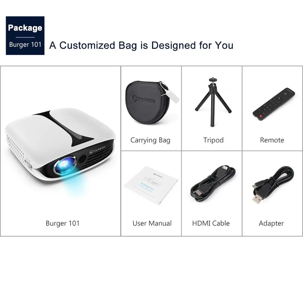 VANKYO Burger 101 Pico Projector Wireless Mini Projector Support  USB for iPhone Android Laptop for Home Outdoor Movies