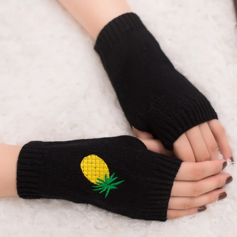 AliExpress Embroidered Pineapple Gloves Cool New Style Knitted Gloves Half-finger Gloves Embroidered Color Warm Gloves Now