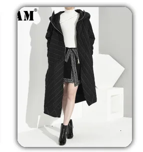 [EAM] женское черное вязаное платье в клетку с разрезом, новинка, высокий воротник, длинный рукав, свободный крой, мода весна-осень 1K069