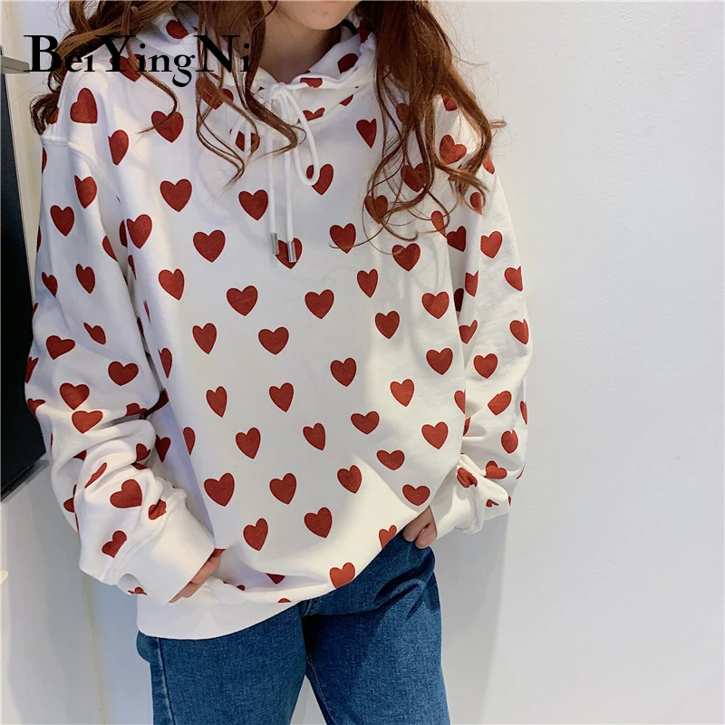 

Beiyingni Heart Printed Hoody Women Loose Harajuku Oversized Hooded Hoodies Drawstring White Sweatshirt Womans Kawaii Streetwear