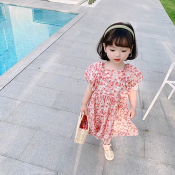

Girl baby bubble sleeve floral dress sweet chiffon princess dress girl out holiday travel clothing