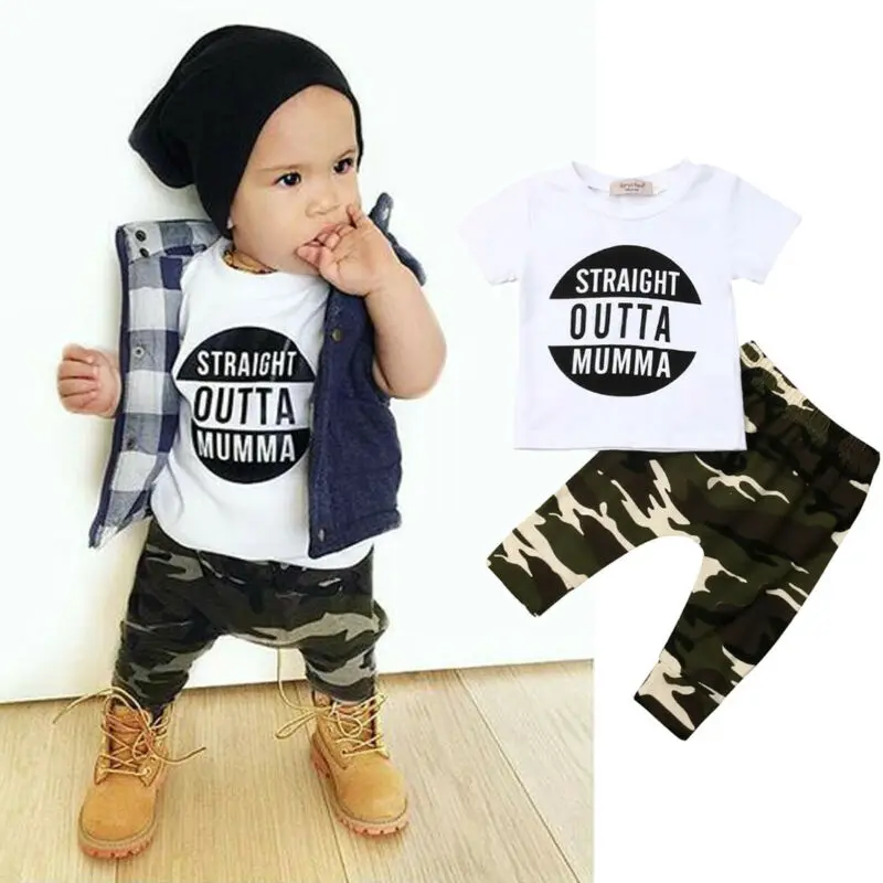 Emmababy От 0 до 3 лет из 2 предметов для маленьких мальчиков Топ, футболка камуфляжные штаны, комплект одежды