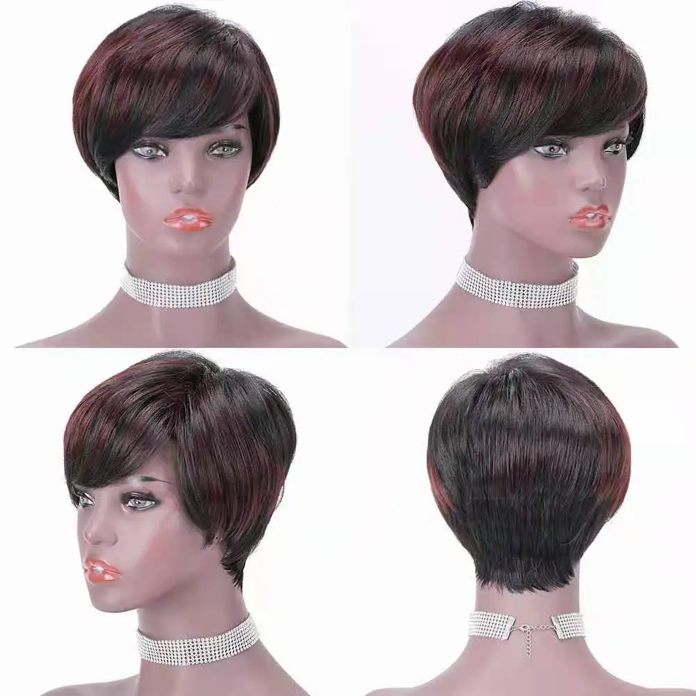 Piano Blonde Short Human Hair Wigs Pixie Cut Straight Remy for black women brown black 99j No Lace HighLight With Thick Fringe