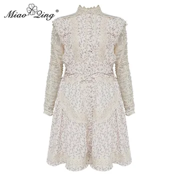 

MIAOQING Fur ball lace patchwork dress for women with standing collar and longsleevesprintedminidressforwomenfashion2019newstyle