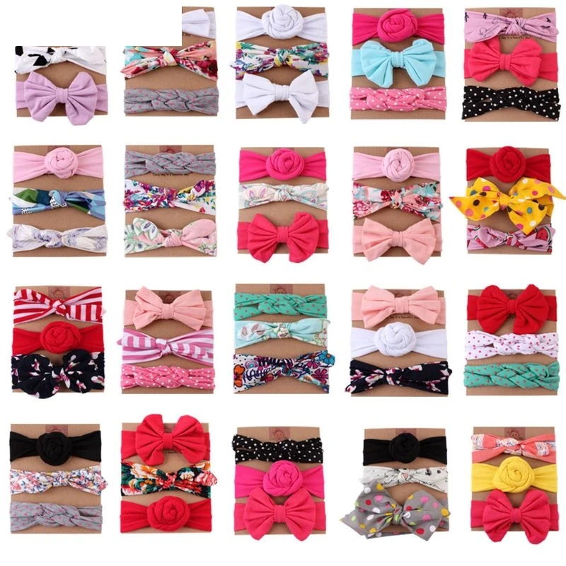 

3Pcs Different Styles Baby Girls Headband Sets Floral Printed Turban Knot Head Wraps Photography Accessories Newborn Hairband