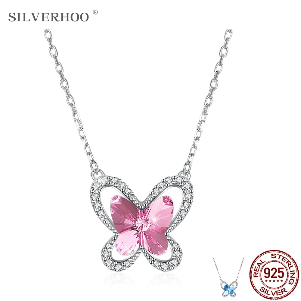 SILVERHOO 925 Sterling Silver Pendant Necklace For Women The Butterfly Shape Austria Crystal Party Fine Jewelry New | Украшения и