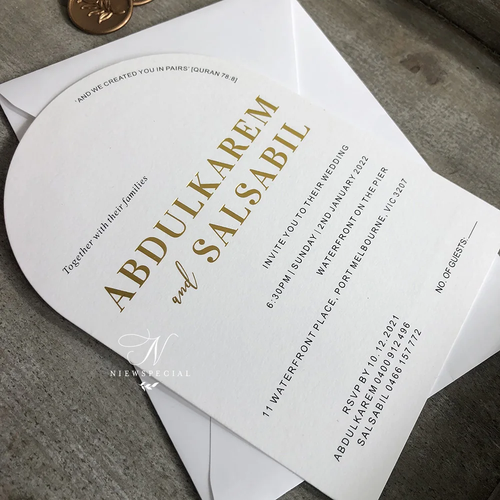 

Moderm Arch Wedding invitation with gold foil print name 500gsm thickness paper with wax seal .50/100pcs