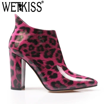 

WETKISS Snakeskin Booties Women Pointed Toe Ankle Boots Chunky Block Heels Leopard Ladies Winter Thick High Heels Boots Shoes
