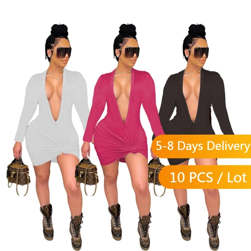 

Bulk Items Wholesale Lots Deep V Neck Bodycon Dress Women Autumn Solid Long Sleeve Sexy Dress Party Club Ruched Black Mini Dress