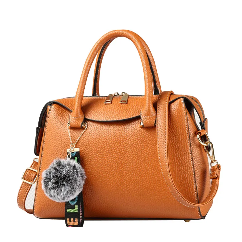 

Women's Tote Purse Boston Bag Female Shoulder Bag Fur Ball Decor Handbag Ladies Letter Ribbon Purse Bolsa Feminina