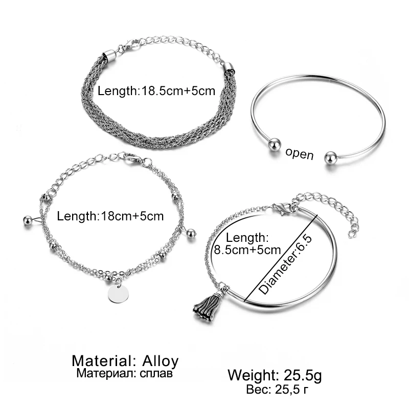 NEW Set Bohemian Silver Color Tassel Round Bracelet Set for Women Multilayer Pendant Bracelet 2020 Fashion Jewelry