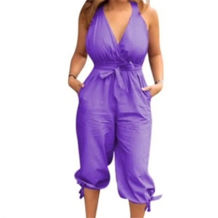 

Fashion Sexy Deep V-Neck Sleeveless Summer Jumpsuits Casual Soild Color Short Playsuit Lace Up Loose Jumpsuits