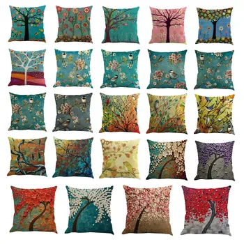 

Three-dimensional Oil Painting Cushion Tree and Flower Birds Cotton Linen Throw Pillows Cases