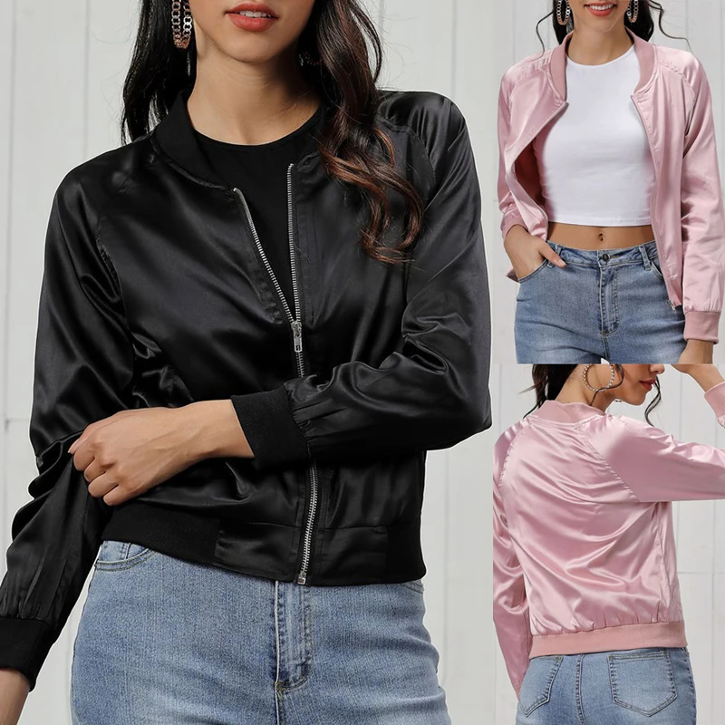 

2019 Sports Jacket Women Long Sleeve Short Outwear Solid Casual Fashion Plain Zip Up Retro Pocket Running Coat Jackets Female