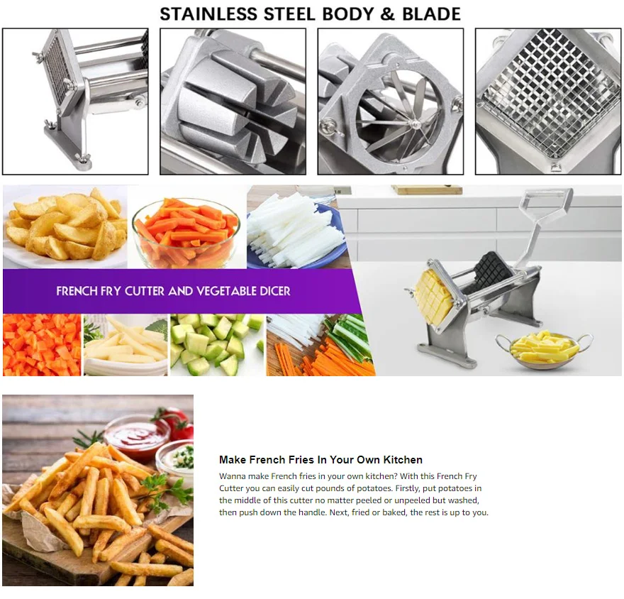 Stainless Steel Cutting Fries Machine Apple Fruit Vegetable Cutter Slicer w/ 4 Blades Stainless Steel Fruit Potato Slicer D25