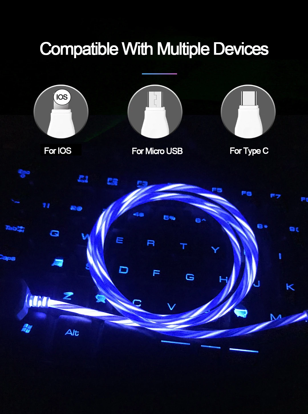 Светодиодный светящийся кабель USB type C Micro usb для зарядки светящиеся кабели для iPhone 8 Xiaomi samsung мобильный телефон яркий зарядный шнур
