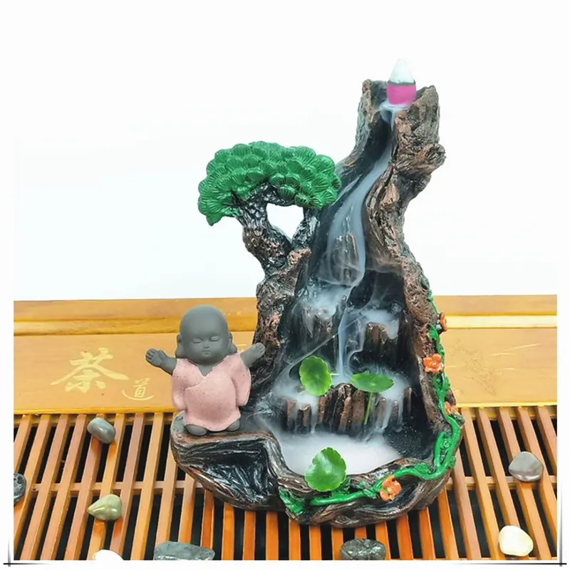 Смола Курильница для благовоний горелка креативный домашний Декор маленький Монах Будда дым водопад курильница использование в домашних Teaho