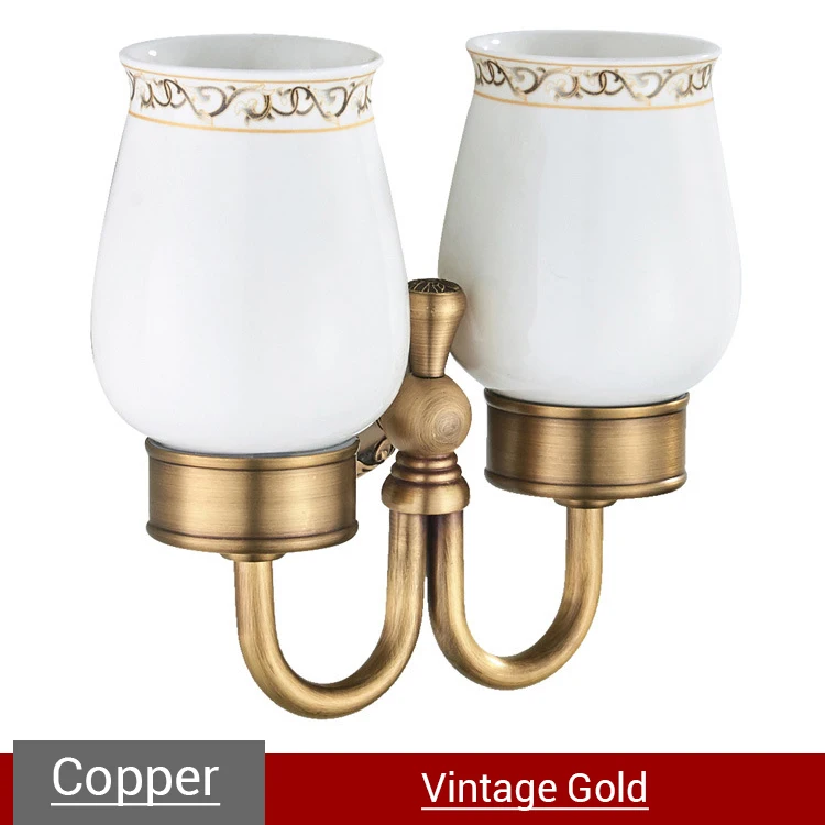 Vintage Gold Держатель для ванной комнаты с двойной чашкой, винтажный стакан, держатели для зубных щеток, винтажная матовая Золотая подставка, настенное крепление, белая фарфоровая подставка для чашек - Цвет: Vintage Gold