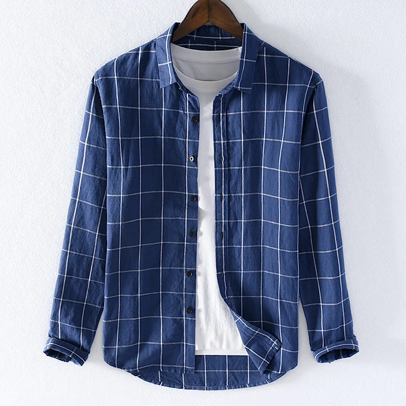 Cotton and linen plaid shirts men brand spring autumn long sleeve blue shirt mens casual fashion shirts male tops chemise camisa