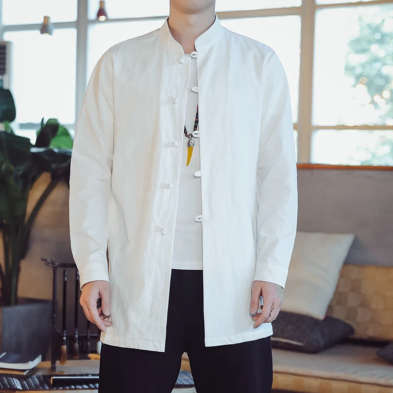 Mens Tops Button Button Chinese Shirt Linen Casual Long Sleeve Stand Collar Boys 