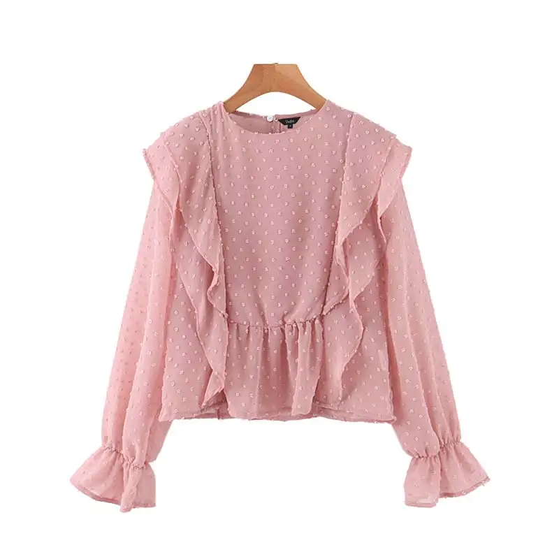 pink Vadim, милый, Женский шикарный оборками розовый orange блузка с круглым вырезом Длинные рукава офисная одежда рубашка Женский Стильный Топы blusas LB610 - Цвет: pink