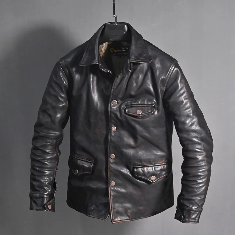 YR!Free shipping.2021 vintage style slim tea core horsehide jacket.high quality genuine leather coat.men classic casual Luxury | Мужская