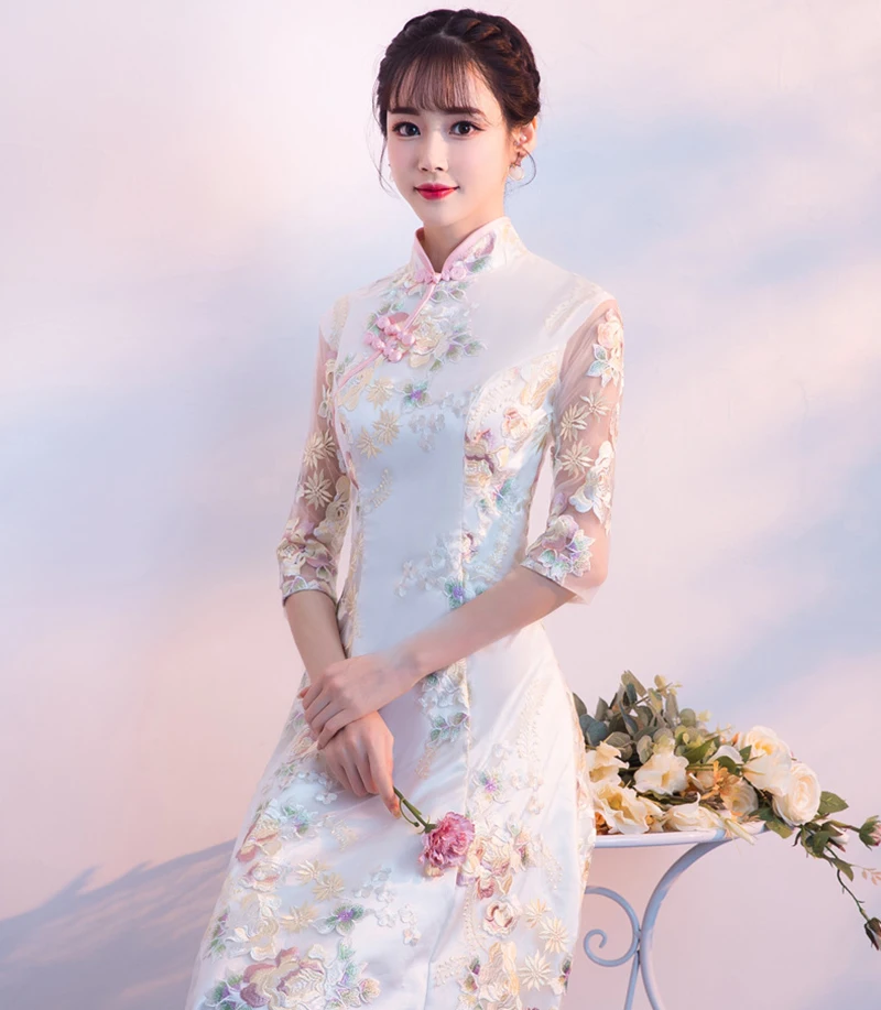 Женское длинное платье Русалка Qipao с вышивкой пикантное облегающее кружевное