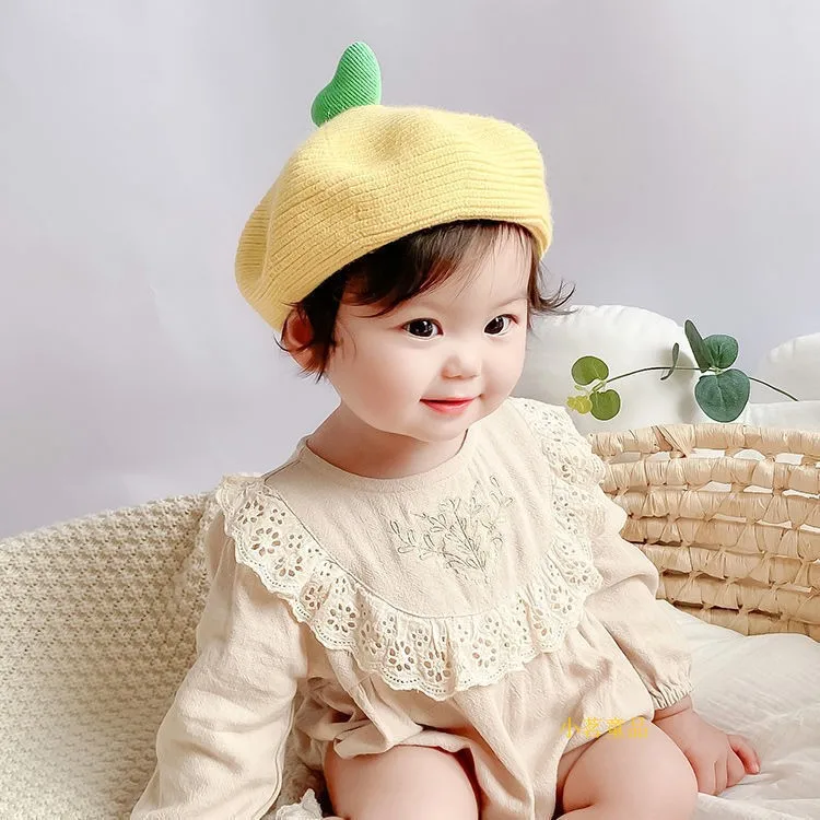 super cute love pumpkin caps baby hats knitted beret toddler painter hat Keep warm suggest for girl under 3 years pacifier for baby