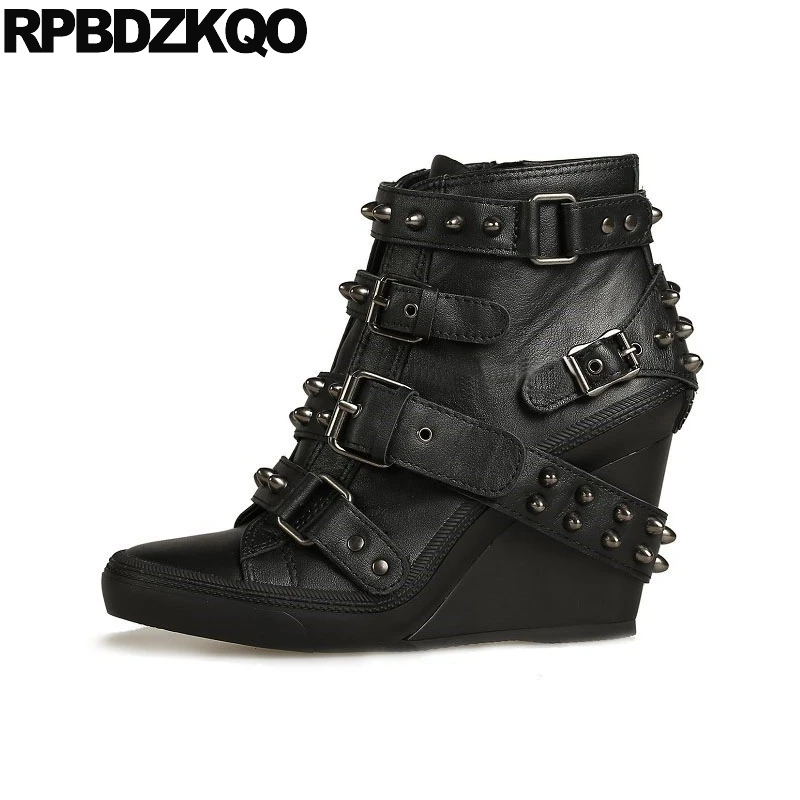 

handmade biker celebrity black wedge booties metal women motorcycle short shoes rivet big size stud high heel punk rock boots