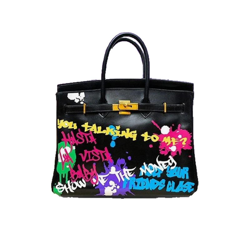 

Colored letters Painting Women Handbag Gold Hardware luxury Designer High quality Real Leather Palm Print Hand Black tote bag
