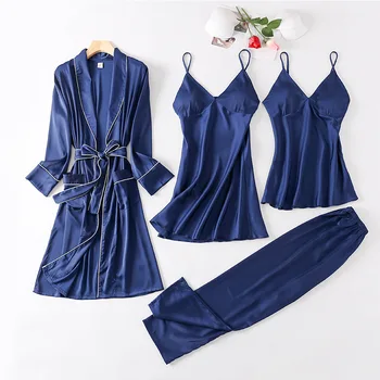 

Ladies Pajamas Sexy 4 Pieces Sleepwear Full Length Pant Satin Silk Pajamas Set Femme Home Clothes Ingerie Pajamas for Women L