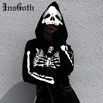 

InsGoth Women Crop Hooded Sweatshirts Gothic Streetwear Reflective Skull Printed Black Pullovers Short Hoodie Female Punk Hoodie