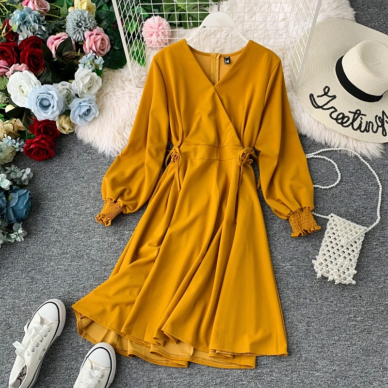 

Autumn 2019 New Retro V-neck A-line Dress Women Slim High Waist Solid Color Casual Vestidos J251