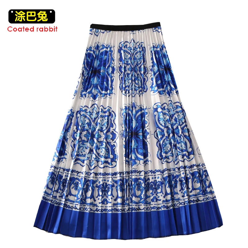 

CR Spring Autumn Pleated Skirt A-Line High Street Style Blue and white porcelain Print Women Ladies Skirts for Holiday Travel