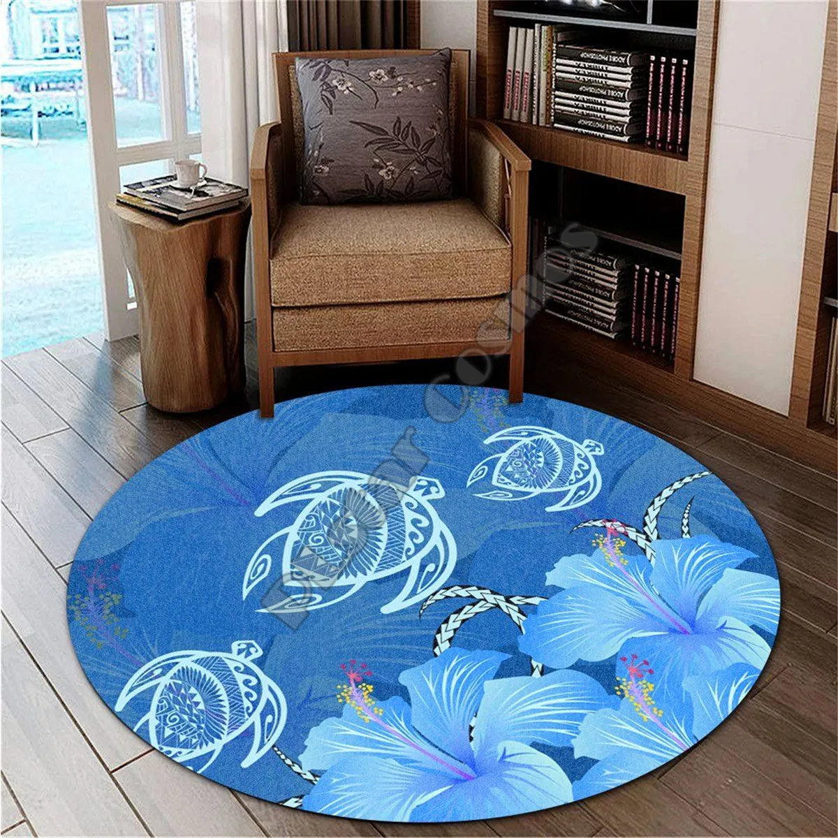 

Hawail Blue Hibiscus Turtle Poynesian Round Carpet 3D Printed Rug Non-slip Mat Dining Room Living Room Soft Bedroom Carpet