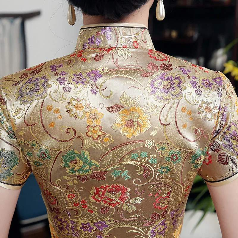 Большие размеры 3XL золотой цветок короткий рукав для женщин Cheongsam воротник стойка Винтаж Кнопка Qipao вязать сексуальное обтягивающее свадебное платье