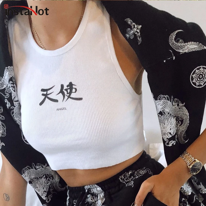 Женский винтажный Топ InstaHot белый укороченный топ без рукавов с принтом в виде