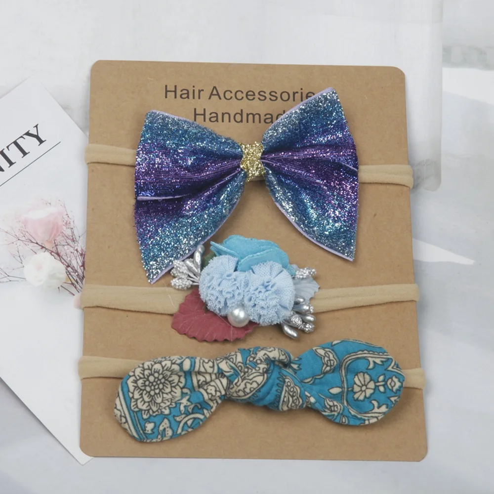 

3 шт./партия, Детская повязка на голову с бантиками и цветами, нейлоновая повязка на голову, детский ободок для волос, набор бантов для волос, аксессуары для волос, реквизит для фотосессии