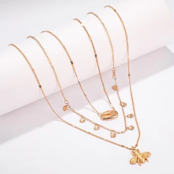 

European And American Style Necklace Alloy Bee Shell Pendant Multilayered Necklace Layering Chain Necklaces For Women Girls