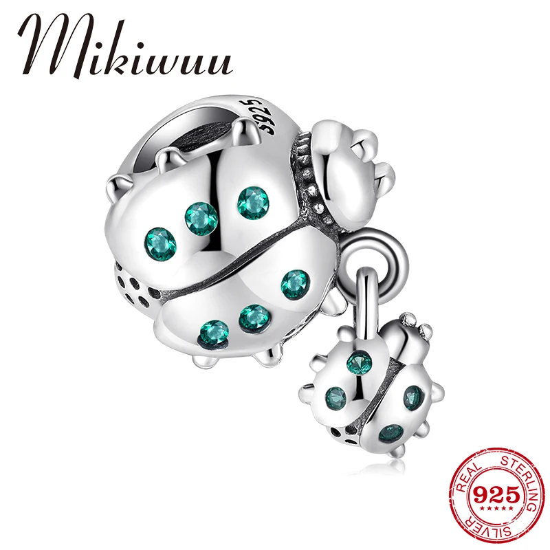 Fit Pandora серебряный браслет DIY бусины зеленый CZ прекрасный мать и ребенок божья коровка 925 серебро циркон бусины ювелирные изделия