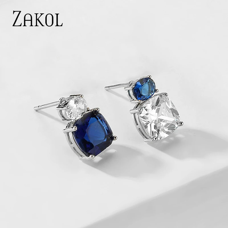 ZAKOL Trendy Crystal Bridal Earrings for Women Accessories Simple Blue White Square Cz Zirconia Stud Earrings Jewelry