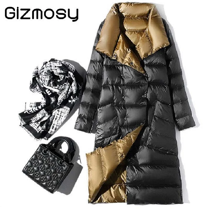 Simple Comfortable Fashion All-match Women Tops ?Women Down Jacket 2020 Double Sided Winter Turtleneck White Duck Down Coat Long Double Breasted Warm Parkas Famale Snow Outwear