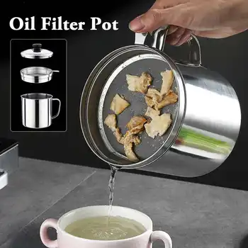 

1.8L Stainless Steel Cooking Oil And Grease Strainer Container Kitchen Grease Filter Separator And Keeper Residue Filter Oil Pot