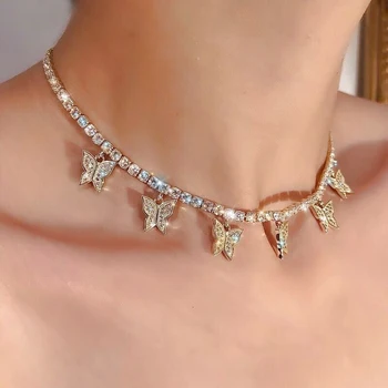 

TREAZY Trendy Tennis Chain Choker Necklace for Women Gold/Silver Color Crystal Statment Necklaces Butterfly Pendants Jewelry